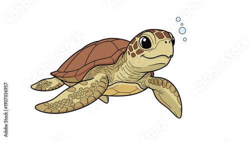 Detailed illustration of a sea turtle swimming underwater with air bubbles representing ocean conservation and marine biology.