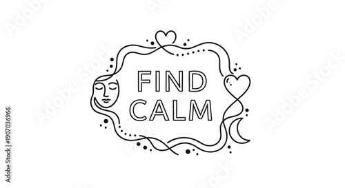 Vector illustration of 'Find Calm' text with moon, heart, and wavy lines, for meditation or mindfulness poster, overlay effect, Isolated on transparent background, png