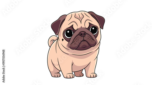 Adorable pug puppy cartoon character standing on white background for pet lovers and veterinary services vector illustration.