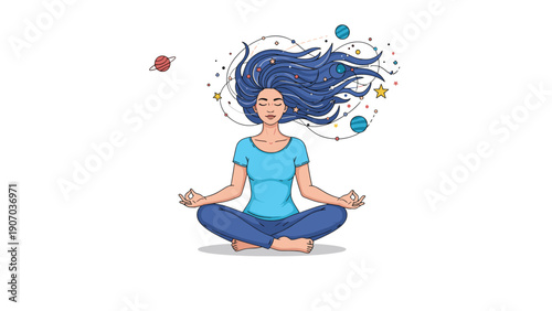 Woman meditating in lotus position with her hair turning into space with planets and stars symbolizing inner peace and universe connection.
