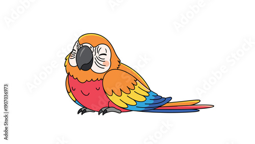 Vibrant parrot bird sitting with closed eyes showing colorful feathers for tropical nature and wildlife themes vector illustration.