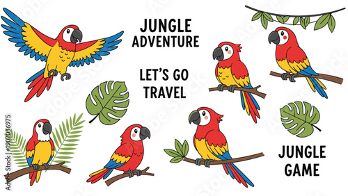 Collection of colorful parrots in different poses with tropical leaves and jungle adventure text for travel and nature themes.