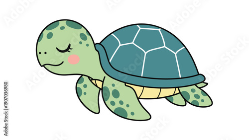 Cute green turtle character with closed eyes and pink cheeks standing on white background for kids nursery illustration.