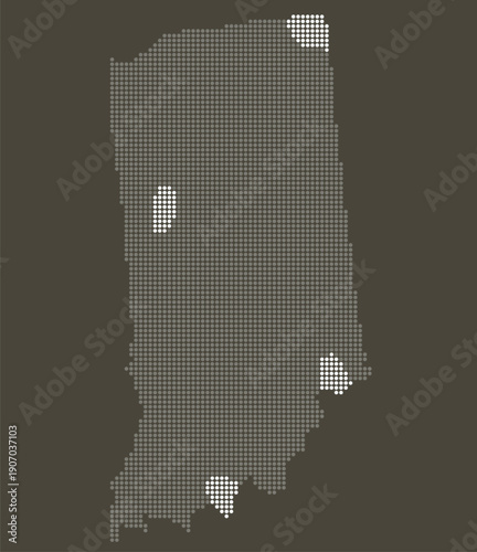 Indiana State Grey and White Dotted Map on Brown for LEAP District Pharma and Agri-Tech Corridors. Indiana state dotted map.