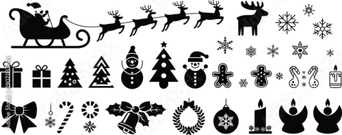 Festive black silhouette icons for Christmas and winter holidays Keywords: Christmas, holiday, winter, celebration, Santa Claus