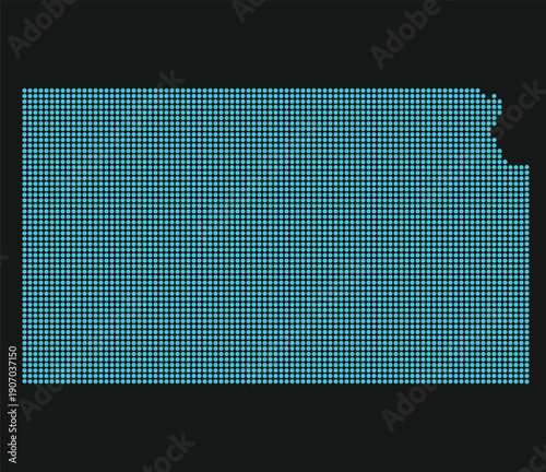 Kansas Light Blue Point Grid Map on Black for Animal Health Corridors and NBAF Bio Defense. Kansas state dotted map.