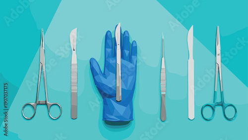Geometric medical tools on blue background featuring surgical instruments and polygonal glove