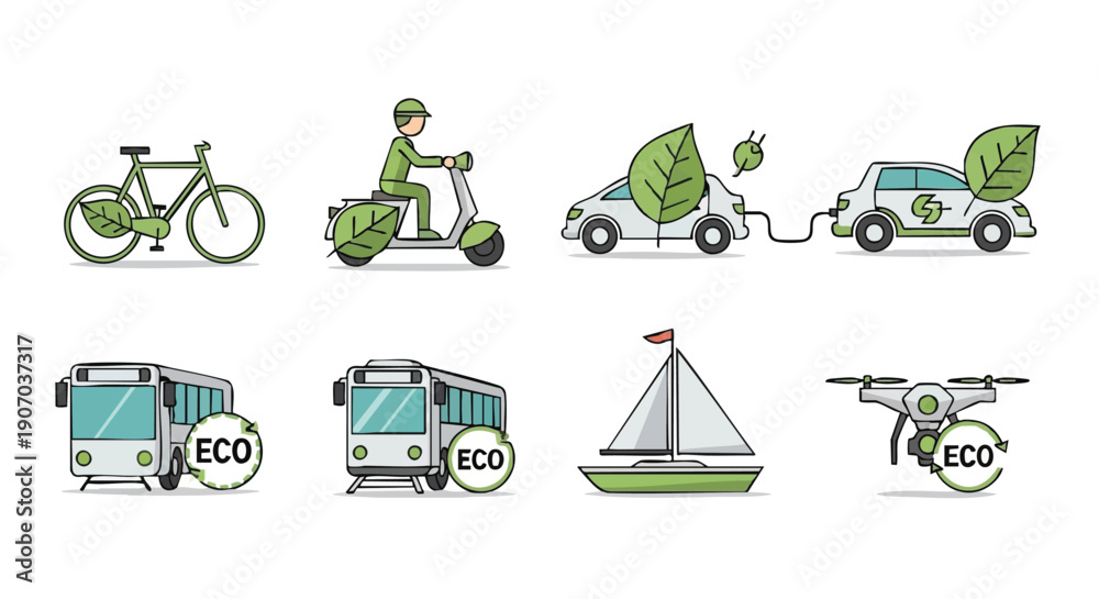 Naklejka premium Eco-Friendly Transport Icons Set: Electric Vehicles, Sustainable Mobility, and Green Energy Transportation Collection