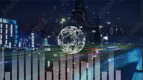 Animation of financial data and graphs over globe with connections and road traffic at night