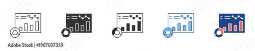 Data analysis and business intelligence icons. Visualizing statistical charts and a magnifying glass, symbolizing performance monitoring, strategic planning, and insightful review