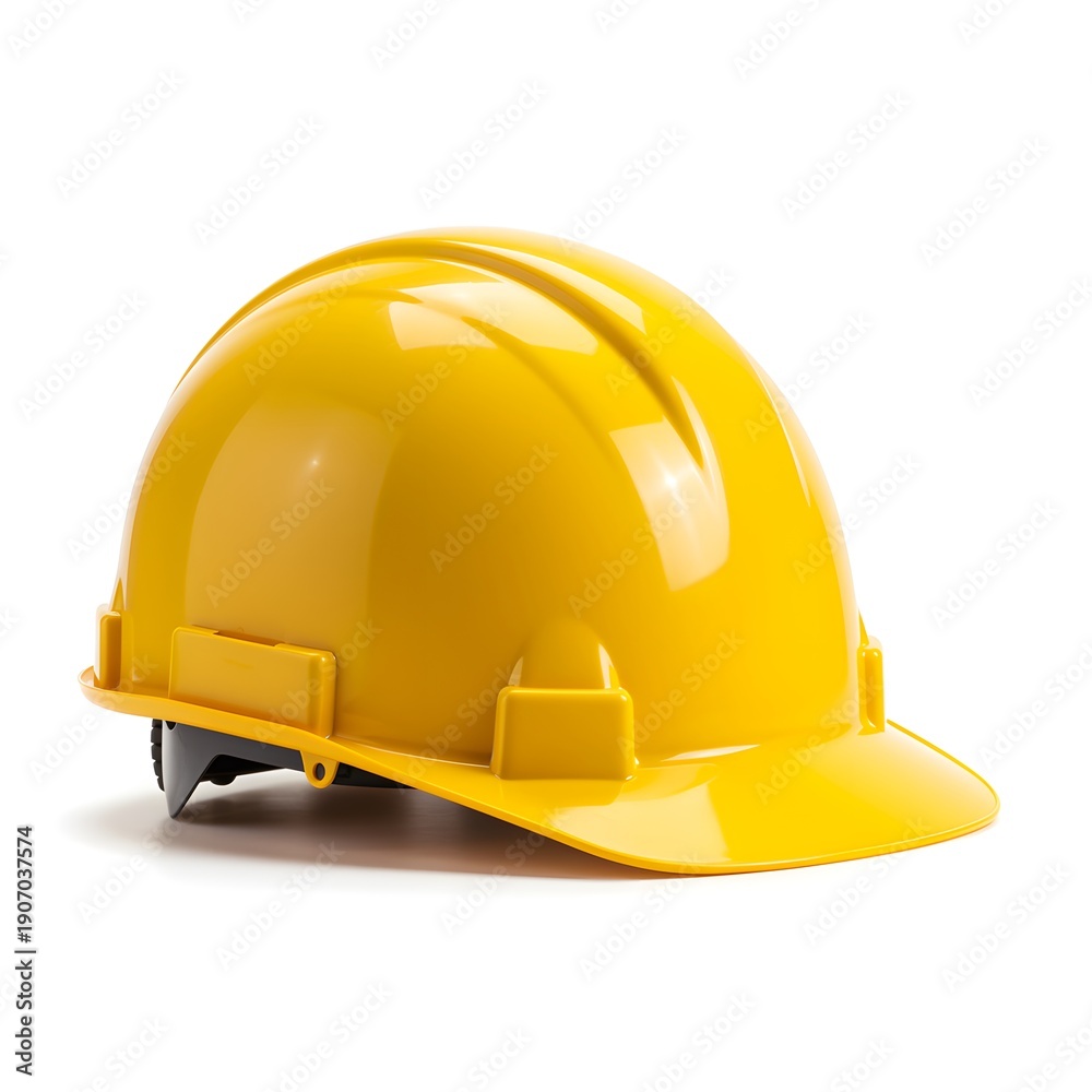 Fototapeta premium Bright yellow safety helmet or hard hat resting on a white background in a studio setting