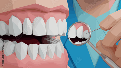 Low poly dental examination scene with teeth and mirror
