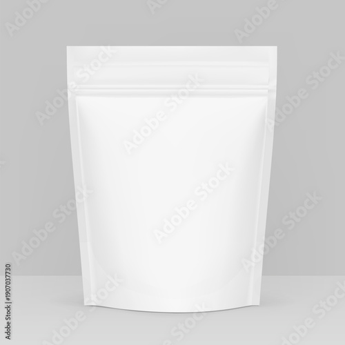 Realistic stand up pouch bag mockup with transparent shadow. Front view. Vector illustration isolated on grey background. Ready for your design. EPS10.