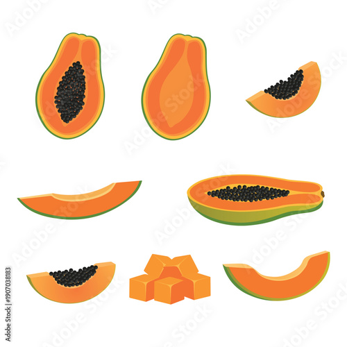 Papaya Fruit Set with Slices and Cubes – Fresh Papaya Flat Vector Illustration