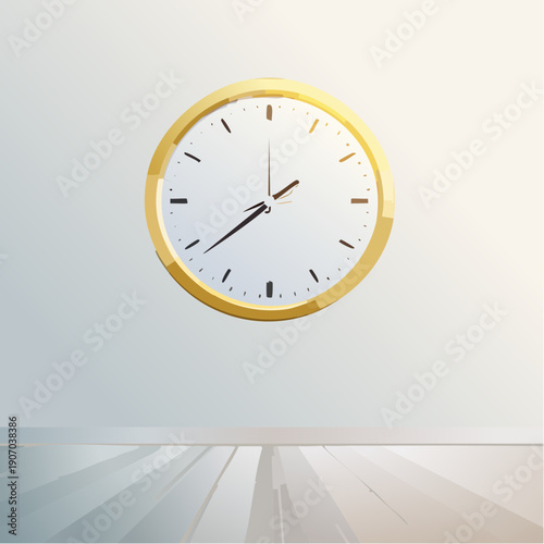 A Round Gold Framed Analog Wall Clock Displays The Time On A Light Gray Wall With A Wooden Floor Below Illuminated By Soft Natural Light Emphasizing The Passage Of Time And Simple Home Decor