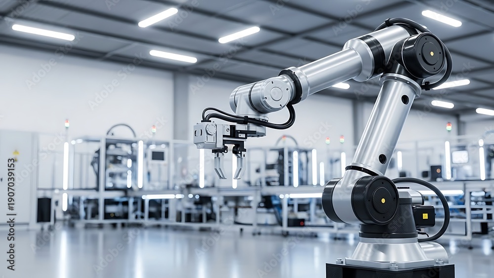 Fototapeta premium Industrial robotic arm working in factory setting. This image captures the essence of automated manufacturing processes, where technology and industry merge