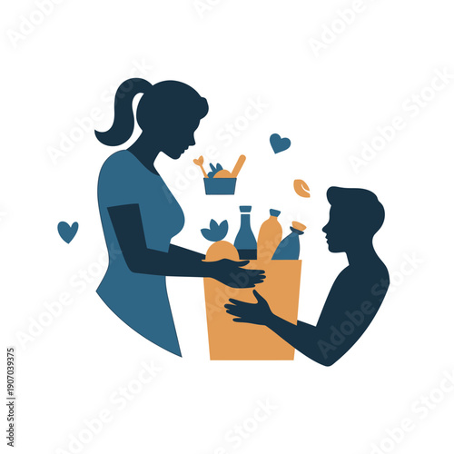 A mother and son share groceries symbolizing care and provision