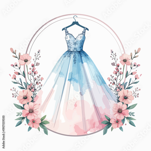 Gown design surrounded by floral accents for decorative or fashion projects