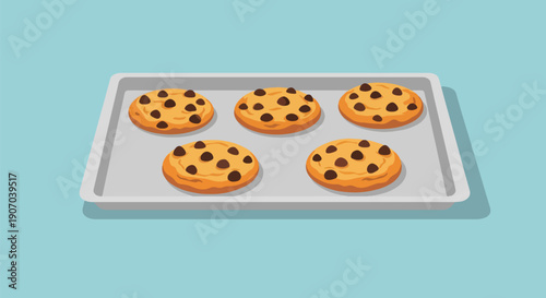 Chocolate Chip Cookies on Baking Sheet Freshly Baked Dessert.