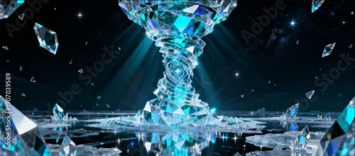 Vector illustration of a crystal vortex effect with reflections and refractions in a cold palette.