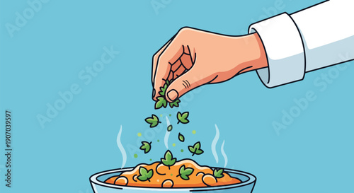 Chef Sprinkling Herbs on Food Cooking Healthy Eating Concept.
