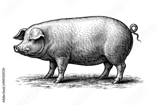 Detailed vintage pig drawing in black and white ink style