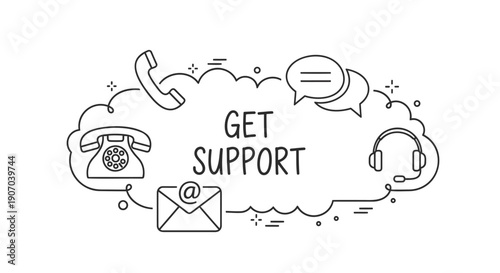 Support icons illustration with phone, email, and headset, for customer service or help desk, isolated on transparent background, png