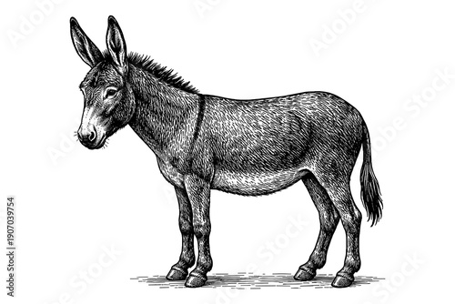 Detailed engraved style donkey artwork with vintage black and white design