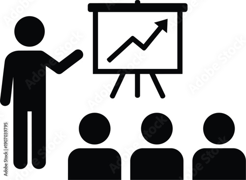 Business presentation vector icon with speaker pointing to upward growth arrow chart on screen for corporate training and financial success concept.