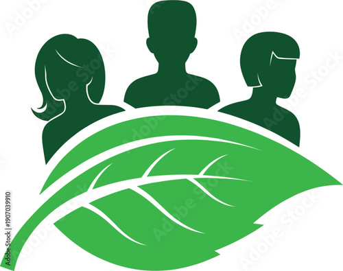 Eco friendly community vector illustration with green leaf and people silhouettes for environmental protection sustainability and organic healthy lifestyle branding.
