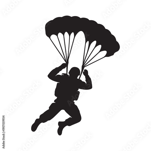 Silhouette Skydiver With Parachute Descending In Free fall Over White Background