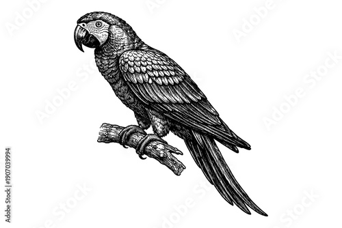 Detailed parrot perched on branch with intricate feather patterns