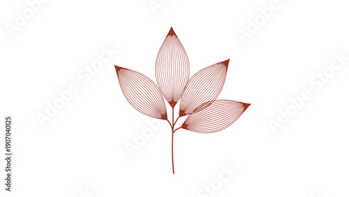 Artistic rendering of four leaves made of fine concentric lines in reddish brown color creates modern botanical graphic.