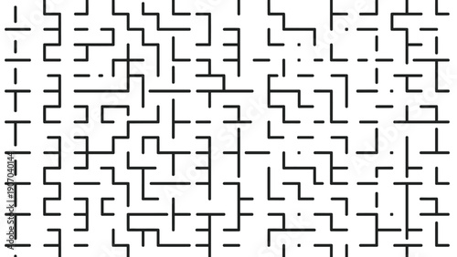 Abstract pattern of black geometric lines on white background creates visual effect similar to a maze or circuit board.