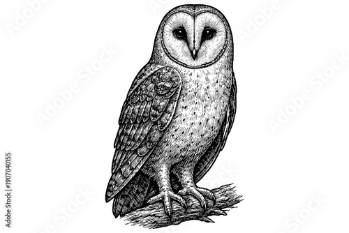 Detailed pen drawing of a barn owl perched on a branch