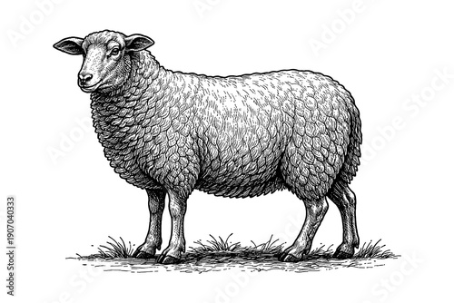 Realistic hand-drawn sheep in black and white standing on grass