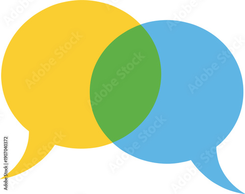 Two overlapping speech bubbles in yellow and blue colors creating green intersection for communication dialogue and creative brainstorming concept vector illustration.