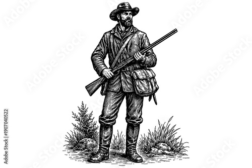 Vintage engraving style hunter with rifle and gear in outdoor setting