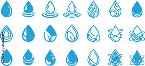 Blue water drop icons set with liquid splashes ripples leaves and atomic symbols for environmental conservation plumbing and beverage industry branding projects.