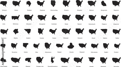 Grid of Black Silhouettes of the United States of America States Keywords: USA, United States, America, states, map