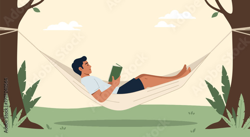 Man Reading Book in Hammock Relaxation Nature Summer.