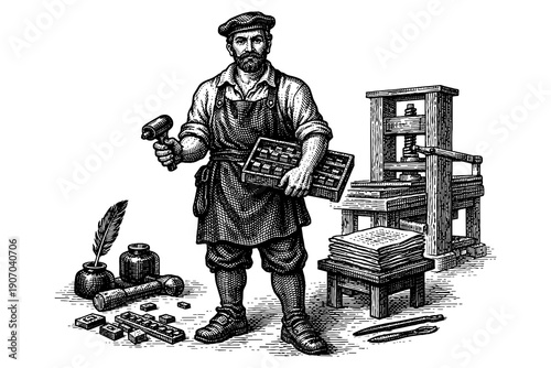 Vintage printing press worker with tools and press equipment in detailed engraving style