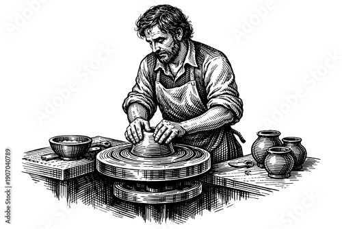 Craftsman at work: detailed ink drawing of a potter shaping clay