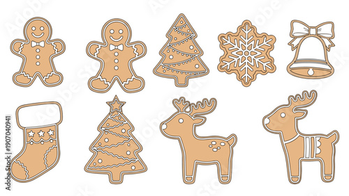 Assortment of gingerbread Christmas cookies including people, trees, and reindeer are illustrated with festive icing details on a white background.