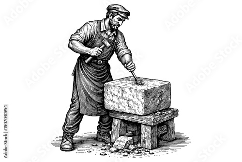 Engraving style craftsman carving stone with chisel and hammer