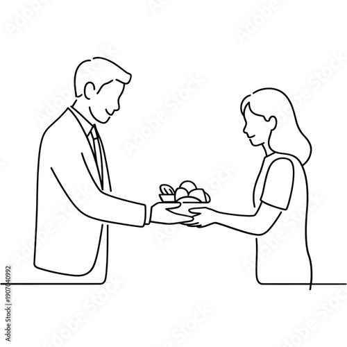 A man gifting a woman a basket of fruit in a continuous line drawing