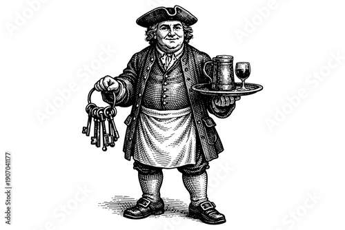 Vintage tavern keeper with keys and drinks in hand-drawn style