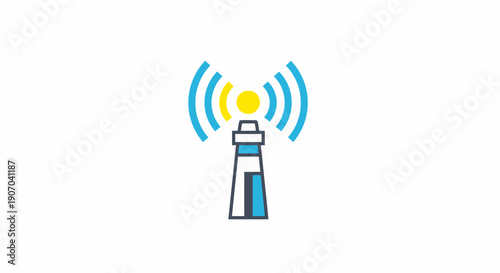 Lighthouse Wi-Fi Signal Icon with Connectivity Waves, Modern Technology Concept on Isolated White Background