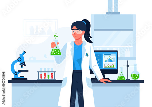 Scientist Working In Laboratory Holding Flask With Green Liquid Near Microscope And Computer Showing Data