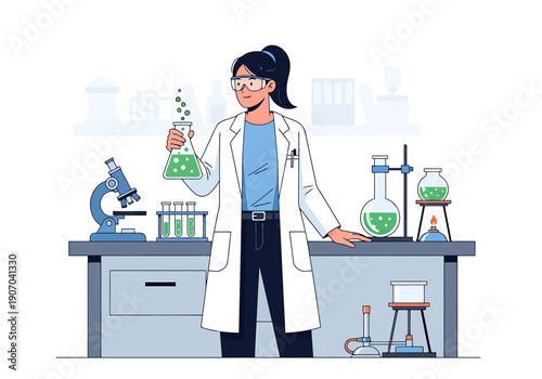 Female scientist in laboratory holding flask with green liquid and conducting experiment next to microscope and beakers science innovation research